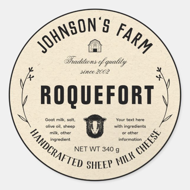 Adesivo Nome da fazenda | Rua | Queijo de leite de ovelha  (Frente)