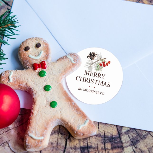 Adesivo Nome das Berries de pinheiro de aquarela natalina (Christmas Watercolor Pine Cone Berries Name Classic Round Sticker)