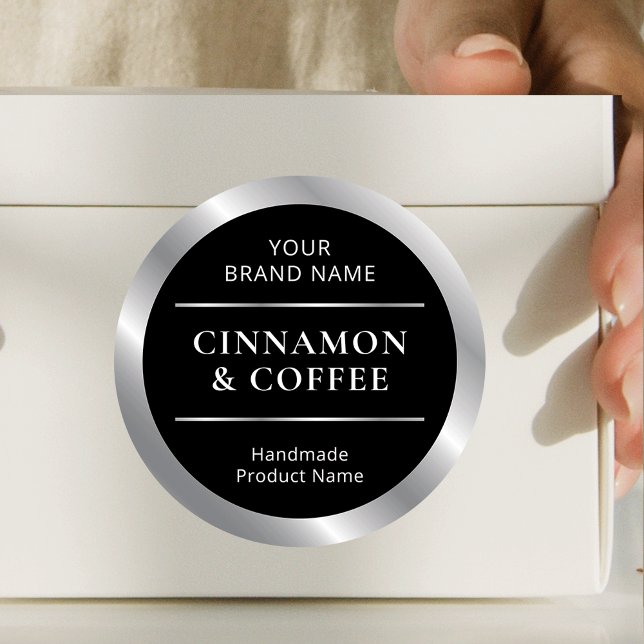 Adesivo Nome de cheiro de produto feito à mão preto e prat (Modern black and silver round product label with fully editable text)