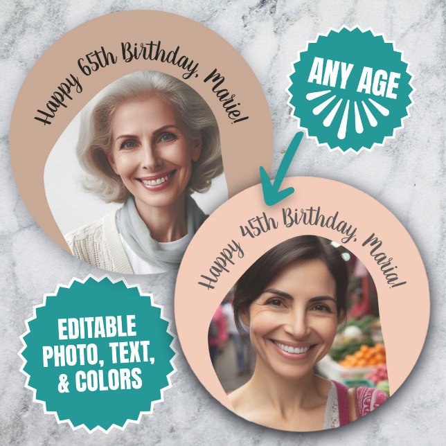 Adesivo Nome de Foto de Aniversário Personalizado Qualquer (Personalized Birthday Photo Name Any Age Custom Classic Round Sticker)