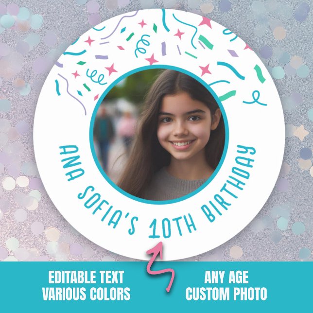 Adesivo Nome de Foto Personalizado Qualquer Idade Confetti (Custom Photo Name Any Age Confetti Birthday Classic Round Sticker.)