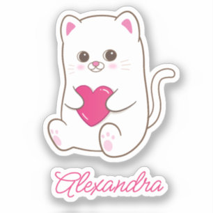 Adesivo Nome de Gato de Coração Rosa Kawaii Cute Personali