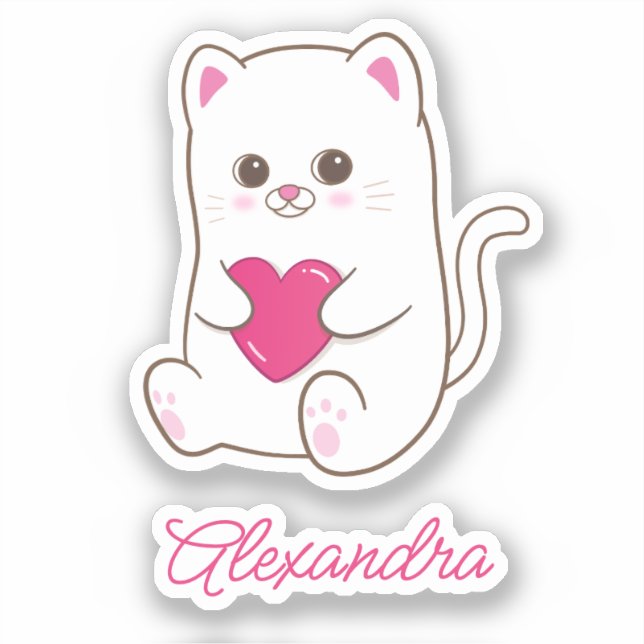 Adesivo Nome de Gato de Coração Rosa Kawaii Cute Personali (Frente)