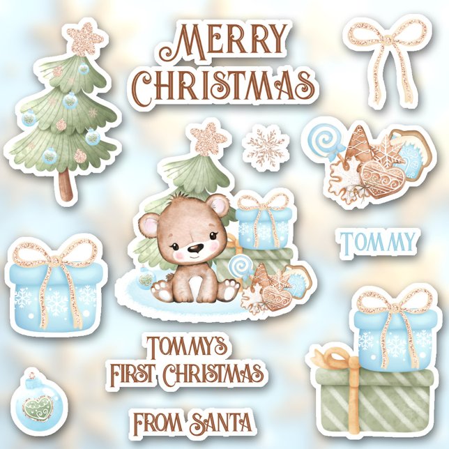 Adesivo Nome de Natal bonito Urso de Contorno Beijo Cortad (Cute First Christmas Name Bear Contour Kiss Cut Sticker)