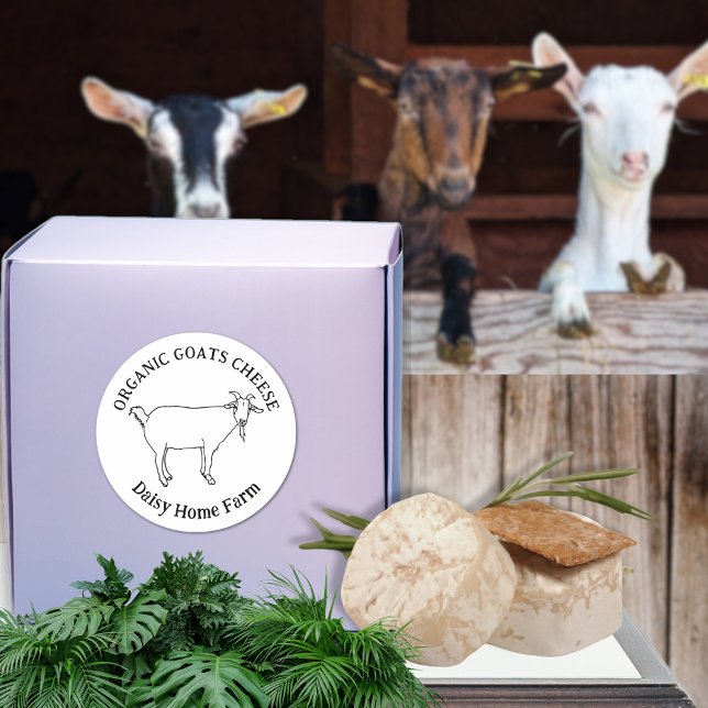 Adesivo Nome de Negócio de Queijo de Cabra Simples Preto e (Goats cheese custom business name black and white simple farm produce label cute goat line drawing )