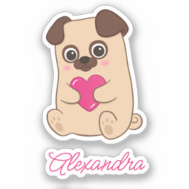 Adesivo Nome de Pug Cardíaco Rosa Kawaii Cute Personalizad