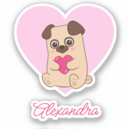 Adesivo Nome de Pug Cardíaco Rosa Kawaii Cute Personalizad