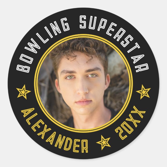 Adesivo Nome de Superastro de Boliche Moderno Foto Data Pr (Frente)