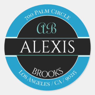 Adesivo Nome DIY Endereço Monograma, Azul Azul Céu Preto