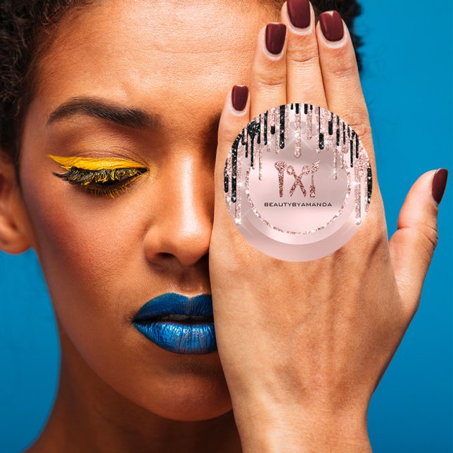 Adesivo Nome do Logotipo Artista de Cabelo e Maquiagem  Dr (Logo Name Hair Makeup Artist Drips Rose Glitter Classic Round Sticker)