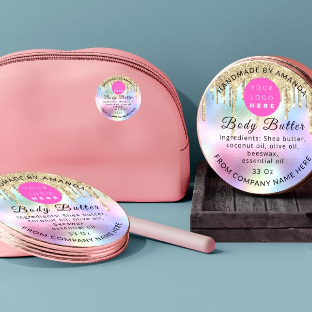 Adesivo Nome do logotipo personalizado Holograph Dicas de  (Holograph Custom Logo Name Body Care Drips Classic Round Sticker)