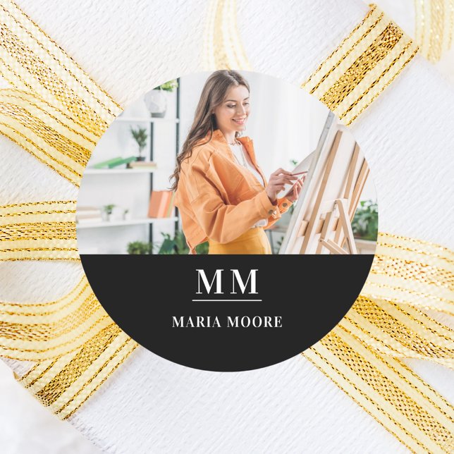 Adesivo Nome do monograma da fotografia branco preto (Criador carregado)