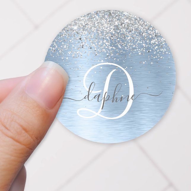 Adesivo Nome do Monograma da Glitter de Prata de Metal Bru (Sparkly silver glitter and blue brushed metal sticker with your monogram and name.)