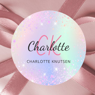 Adesivo Nome do monograma do pó de poeira rosa holográfi