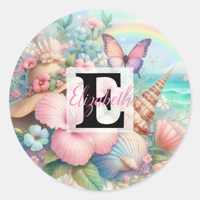 Adesivo Nome do monograma na aquarela Flores de conchas ma (Frente)