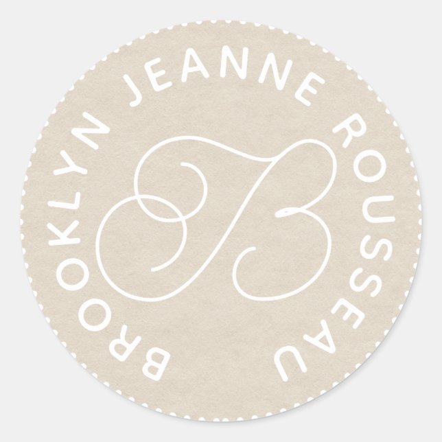 Adesivo Nome do Monograma Script Inicial de Envelope Creme (Frente)