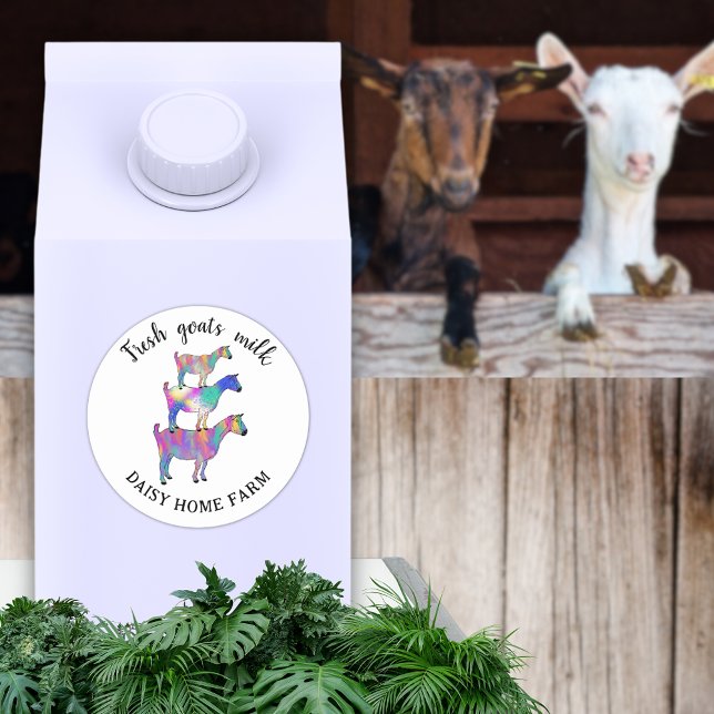 Adesivo Nome do Negócio de Leite de Cabra (Fresh goats milk custom business name product label sticker with funny colorful farm animal art)