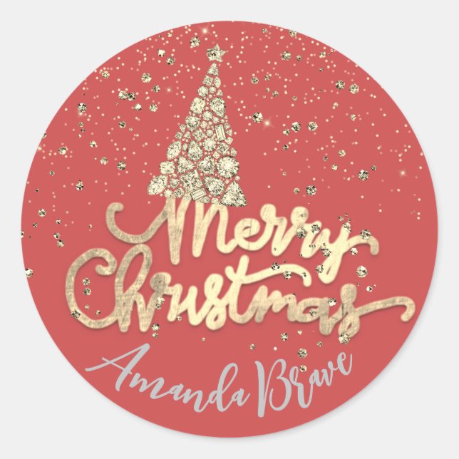 Adesivo Nome do Script de Árvore de Natal Dourado Vermelho (Frente)