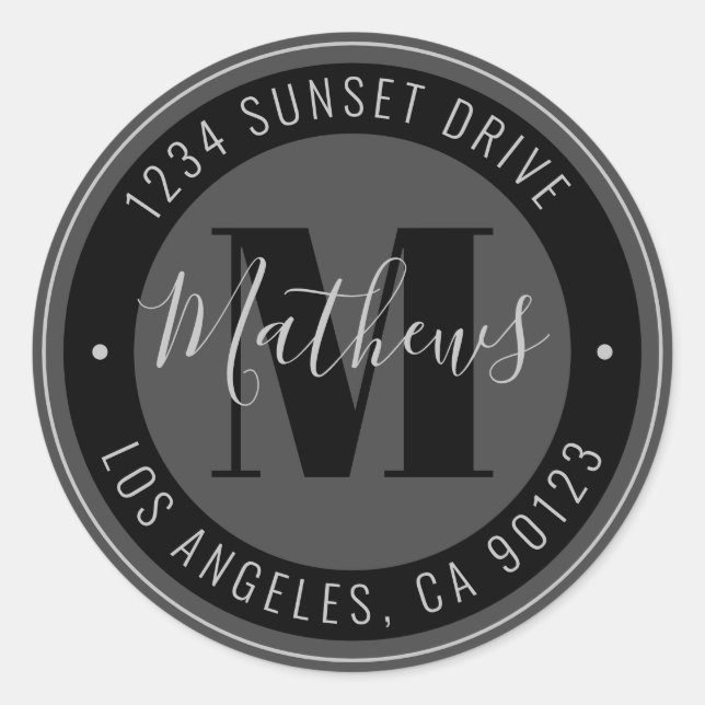 Adesivo Nome e Texto Circular Monograma | Cinzas e preto (Frente)