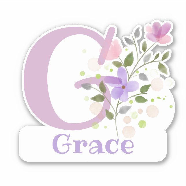 Adesivo Nome Grace mais Inicial com Design Floral (Frente)