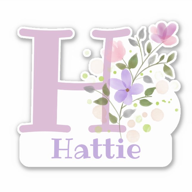 Adesivo Nome Hattie & Initial com Floral Design (Frente)