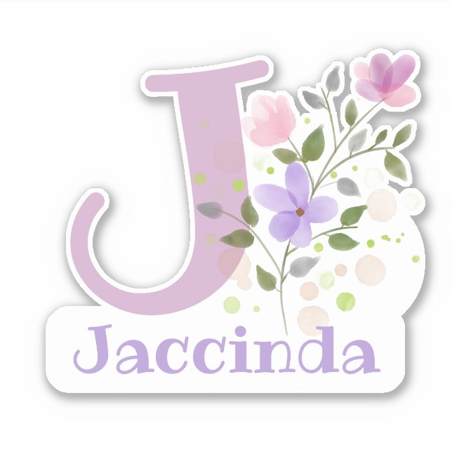 Adesivo Nome Jaccinda mais Inicial com Design Floral (Frente)