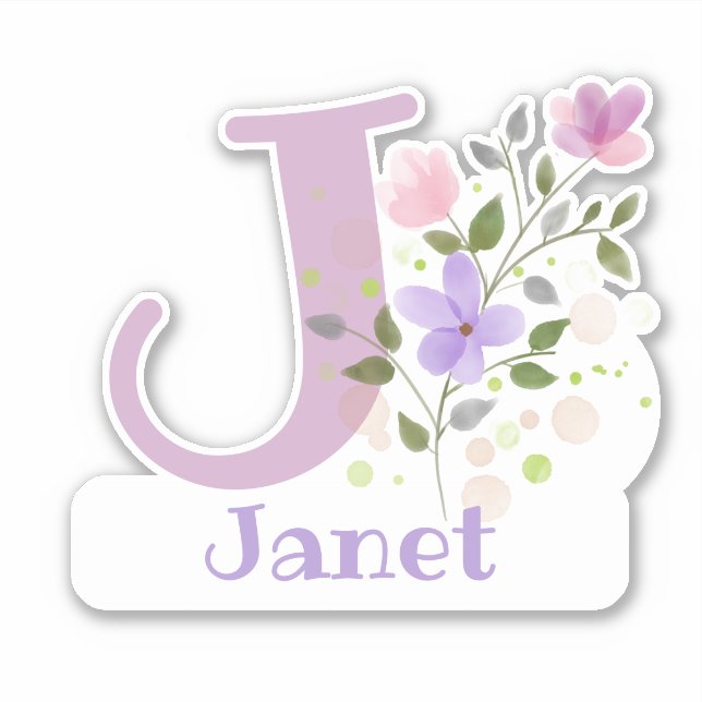 Adesivo Nome Janet & Inicial com Floral Design (Frente)