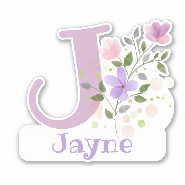 Adesivo Nome Jayne & Inicial com Floral Design (Frente)