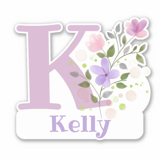 Adesivo Nome Kelly & Inicial com Floral Design (Frente)