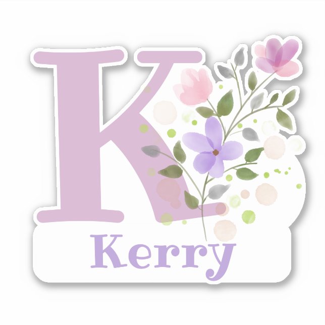 Adesivo Nome Kerry mais Inicial com Design Floral (Frente)