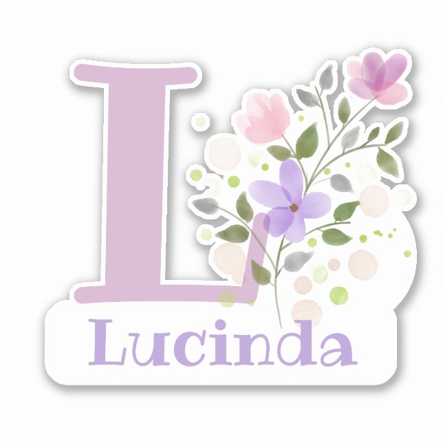 Adesivo Nome Lucinda & Inicial com Design Floral (Frente)
