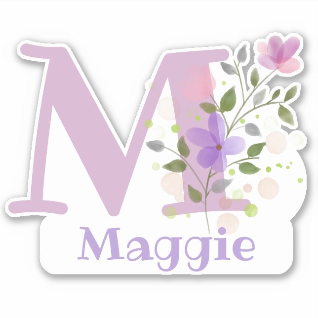 Adesivo Nome Maggie mais Inicial com Floral Design (Frente)