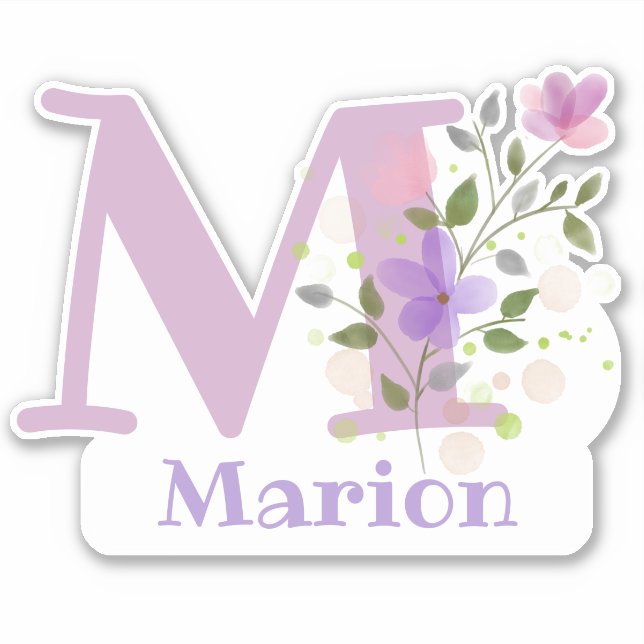 Adesivo Nome Marion Plus Inicial com Floral Design (Frente)