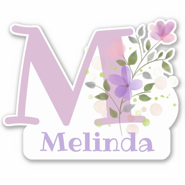 Adesivo Nome Melinda & Inicial com Floral Design (Frente)