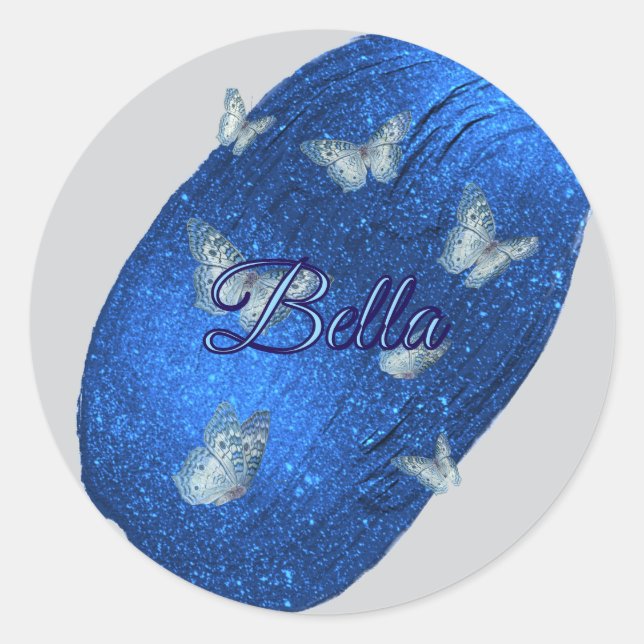Adesivo Nome Moderno Brilhando Azul Real com Borboletas (Frente)