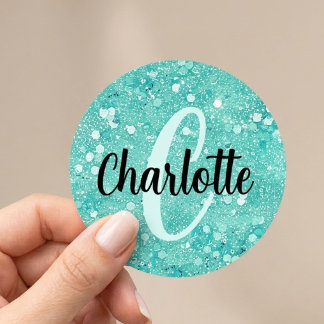 Adesivo Nome Monograma Brilho Glitter Falso Glam Teal Mint