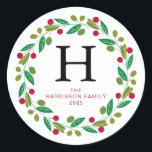 Adesivo Nome Monograma da Família Floral Christmas Wreath<br><div class="desc">Nome Monograma da Família Floral Christmas Wreath</div>