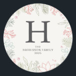 Adesivo Nome Monograma da Família Floral Christmas Wreath<br><div class="desc">Nome Monograma da Família Floral Christmas Wreath</div>