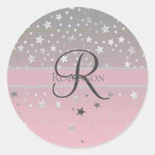 Adesivo Nome Monograma Rosa Cinza Prata Estrelas Tendência