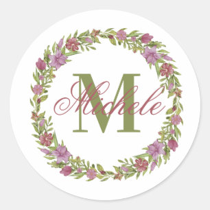 Adesivo Nome Monograma Rosa Roxo Verde Coroa Floral