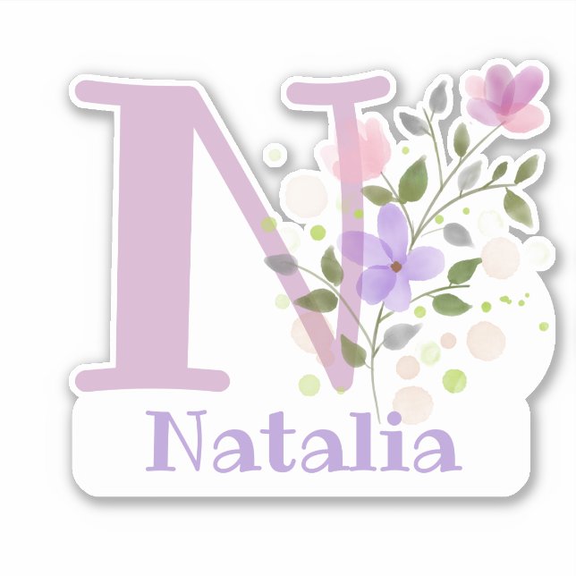 Adesivo Nome Natalia & Inicial com Floral Design (Frente)