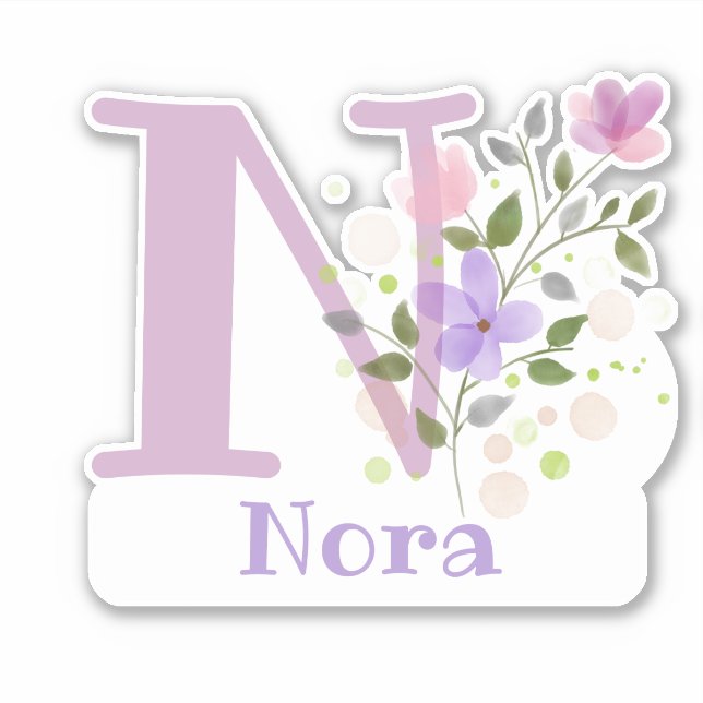 Adesivo Nome Nora & Inicial com Design Floral (Frente)