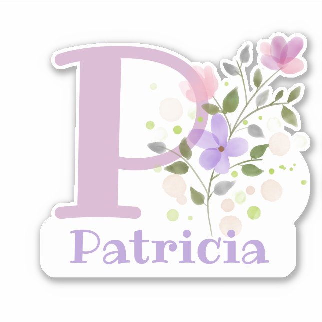 Adesivo Nome Patrícia & Inicial com Design Floral (Frente)