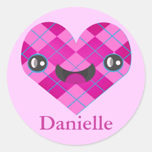 Adesivo Nome personalizado Argyle Kawaii Heart Sticker (Frente)