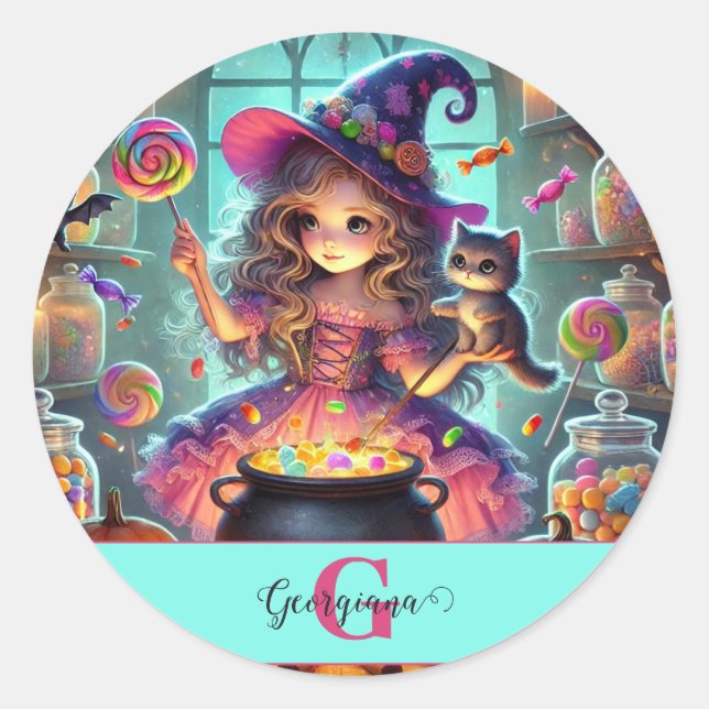 Adesivo Nome Personalizado - Cute Whimsical Witch Hallowee (Frente)