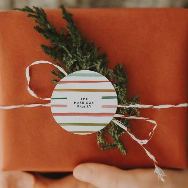 Adesivo Nome Personalizado da Faixa de Água (Watercolor Stripes Custom Name Classic Round Sticker)