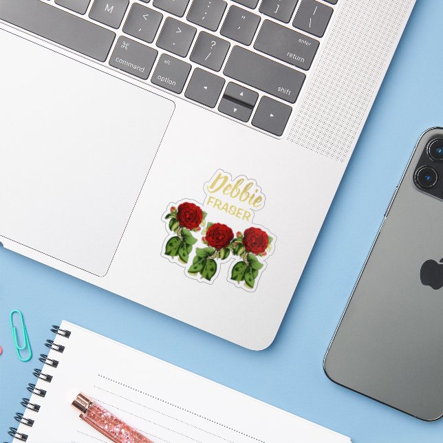 Adesivo Nome personalizado da flor vermelha e das folhas v (Notebook com iPhone)
