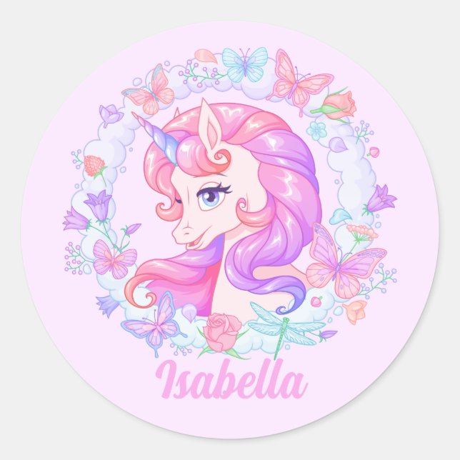 Adesivo Nome Personalizado de Borboleta Unicorn de Cute Fl (Frente)