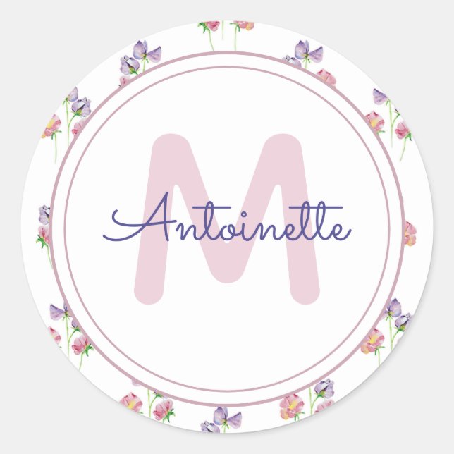 Adesivo Nome Personalizado de Lavanda Rosa bonito Monogram (Frente)