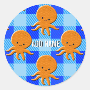 Adesivo Nome Personalizado de Xadrez Azul de Octopus de Cu